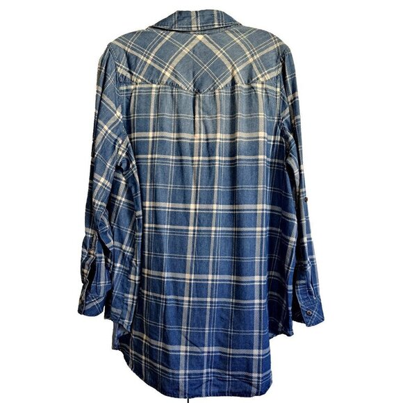 intro. Woman 1X Blue Plaid Button Tab Long Sleeve Button Up Shirt Pockets - Picture 3 of 8
